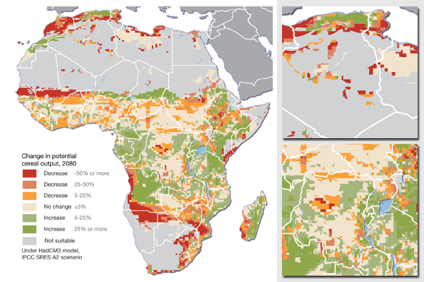 Projected climate change impacts for agriculture in Africa, in potential cereal output for 2080 Projected climate change impacts for agriculture in Africa, in potential cereal output for 2080