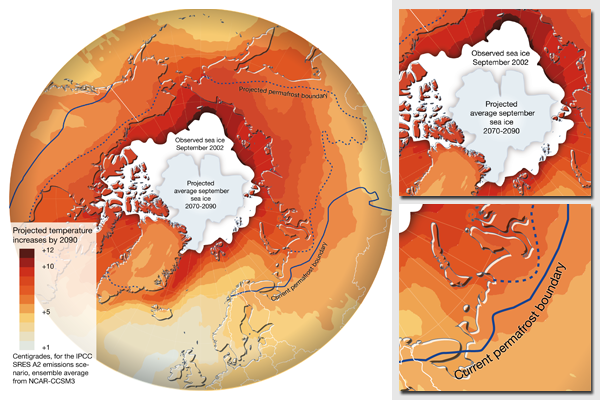 Arctic climate - sea ice and temperature projections for 2090 (NCAR-CCM3, SRES A2 experiment) Arctic climate - sea ice and temperature projections for 2090 (NCAR-CCM3, SRES A2 experiment)
