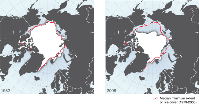 Arctic minimum sea ice extent, 1982 and 2008 Arctic minimum sea ice extent, 1982 and 2008