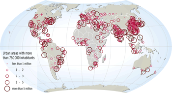 World map of large cities in 2005