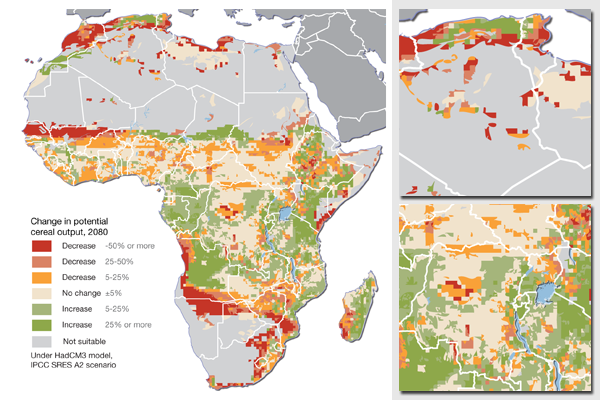 Projected climate change impacts for agriculture in Africa, in potential cereal output for 2080
