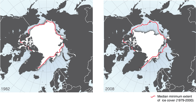 Arctic minimum sea ice extent, 1982 and 2008
