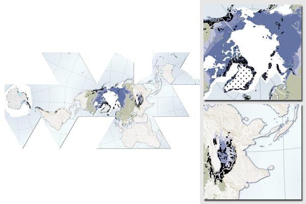 Cryosphere, world map over ice, snow, permafrost, glaciers and ice sheets