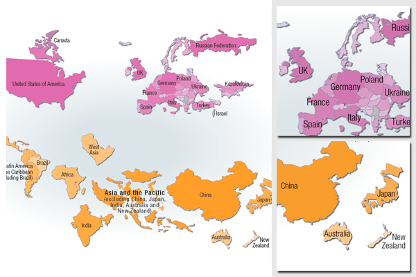 Cartogram over greenhouse gas emissions, UNECE members and other countries/regions