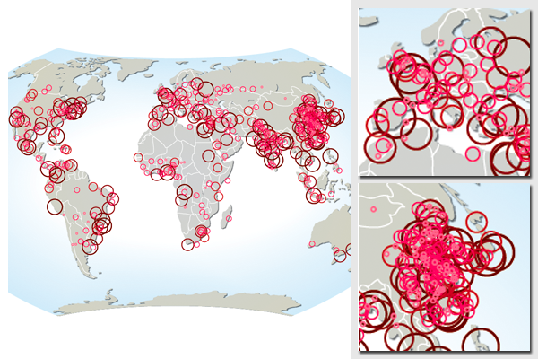 World map of large urban areas in 2005